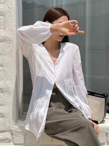 DAZY Solid Button Front Lantern Sleeve Blouse - White - View 4