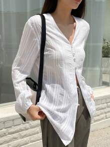 DAZY Solid Button Front Lantern Sleeve Blouse - White - View 5