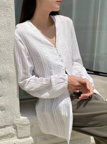 DAZY Solid Button Front Lantern Sleeve Blouse - White - View 6
