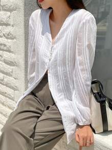 DAZY Solid Button Front Lantern Sleeve Blouse - White - View 7