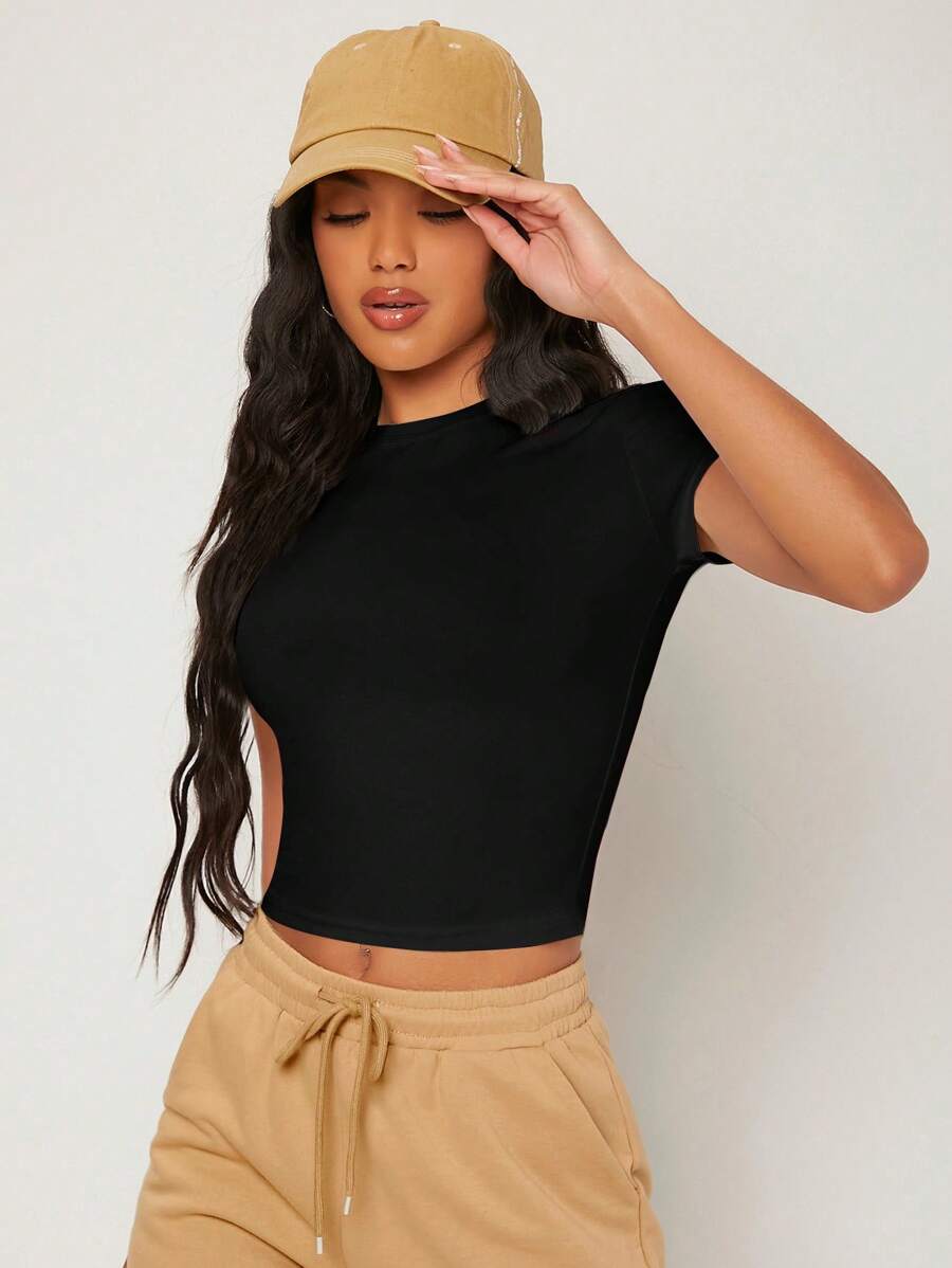 EURMUSE Solid Crop Tee - 黑色 - 查看 1