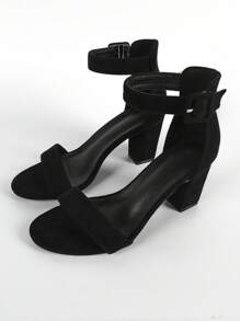 Women Minimalist Chunky Heeled Ankle Strap Sandals, Elegant Faux Suede Sandals