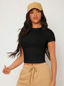 EURMUSE Solid Crop Tee - 黑色 - 查看 5