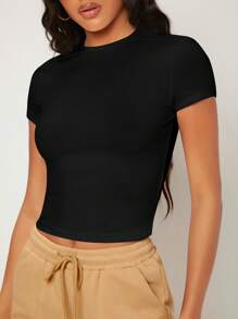 EURMUSE Solid Crop Tee - 黑色 - 查看 6