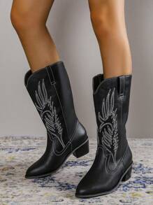 Women Embroidery Detail Western Boots, Vacation Black Fashion Boots - Black - View 1