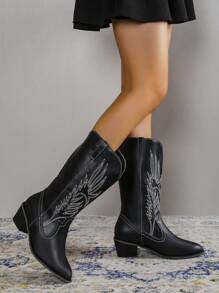 Women Embroidery Detail Western Boots, Vacation Black Fashion Boots - Black - View 2