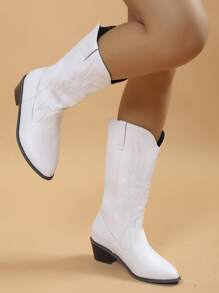 Giày bốt phương Tây có gót nhọn mũi nhọn dành cho nữ, Giày bốt cao bồi thời trang màu trắng đi nghỉ, Giày bốt cao bồi cho nữ - trắng - Xem 2