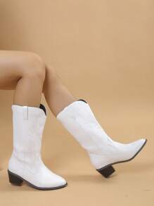 Giày bốt phương Tây có gót nhọn mũi nhọn dành cho nữ, Giày bốt cao bồi thời trang màu trắng đi nghỉ, Giày bốt cao bồi cho nữ - trắng - Xem 4