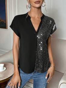 SHEIN Clasi Contrast Sequin Notched Neck Batwing Sleeve Blouse - Silver - View 6