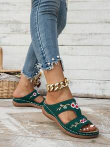 Phụ nữ dép nêm thêu hoa, dép màu xanh lá cây kỳ nghỉ - Màu xanh lá cây đậm - Xem 3