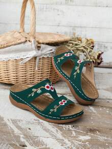 Phụ nữ dép nêm thêu hoa, dép màu xanh lá cây kỳ nghỉ - Màu xanh lá cây đậm - Xem 6