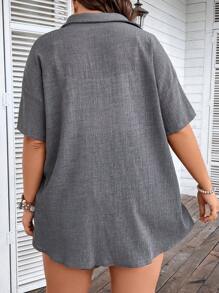 SHEIN LUNE 大碼落肩袖襯衫和前打結短褲 - 灰色 - 查看 3