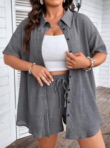 SHEIN LUNE 大碼落肩袖襯衫和前打結短褲 - 灰色 - 查看 6
