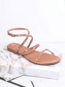 SHUZIA Round Toe Rhinestone Strap Sandals Summer Shoes Spring Shoes Spring Break Easter Vacation Shoes Casual Shoes Beach Shoes - Rose Gold - View 4