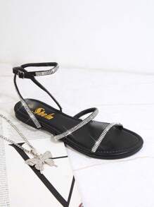 SHUZIA 人造皮革露趾條帶平底涼鞋 - 黑色 - 查看 5