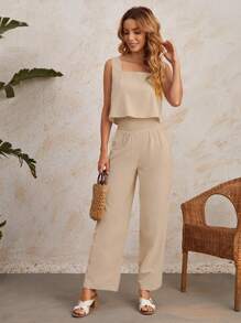EMERY ROSE Square Neck Top & Shirred Waist Trousers Set - Beige - View 1