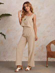 EMERY ROSE Square Neck Top & Shirred Waist Trousers Set - Beige - View 4
