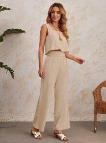 EMERY ROSE Square Neck Top & Shirred Waist Trousers Set - Beige - View 5