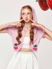 ROMWE Kawaii 草莓刺繡褶邊連帽短款上衣 - 粉色 - 查看 5