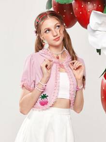 ROMWE Kawaii 草莓刺繡褶邊連帽短款上衣 - 粉色 - 查看 6