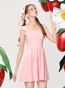 ROMWE Kawaii Chất rắn Váy chữ A - Hồng - Xem 3