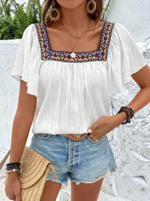 Breezaya Áo sơ mi nữ Thêu Ruy băng Hình học Giải trí - trắng - Xem 4