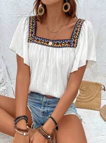 Breezaya Áo sơ mi nữ Thêu Ruy băng Hình học Giải trí - trắng - Xem 1