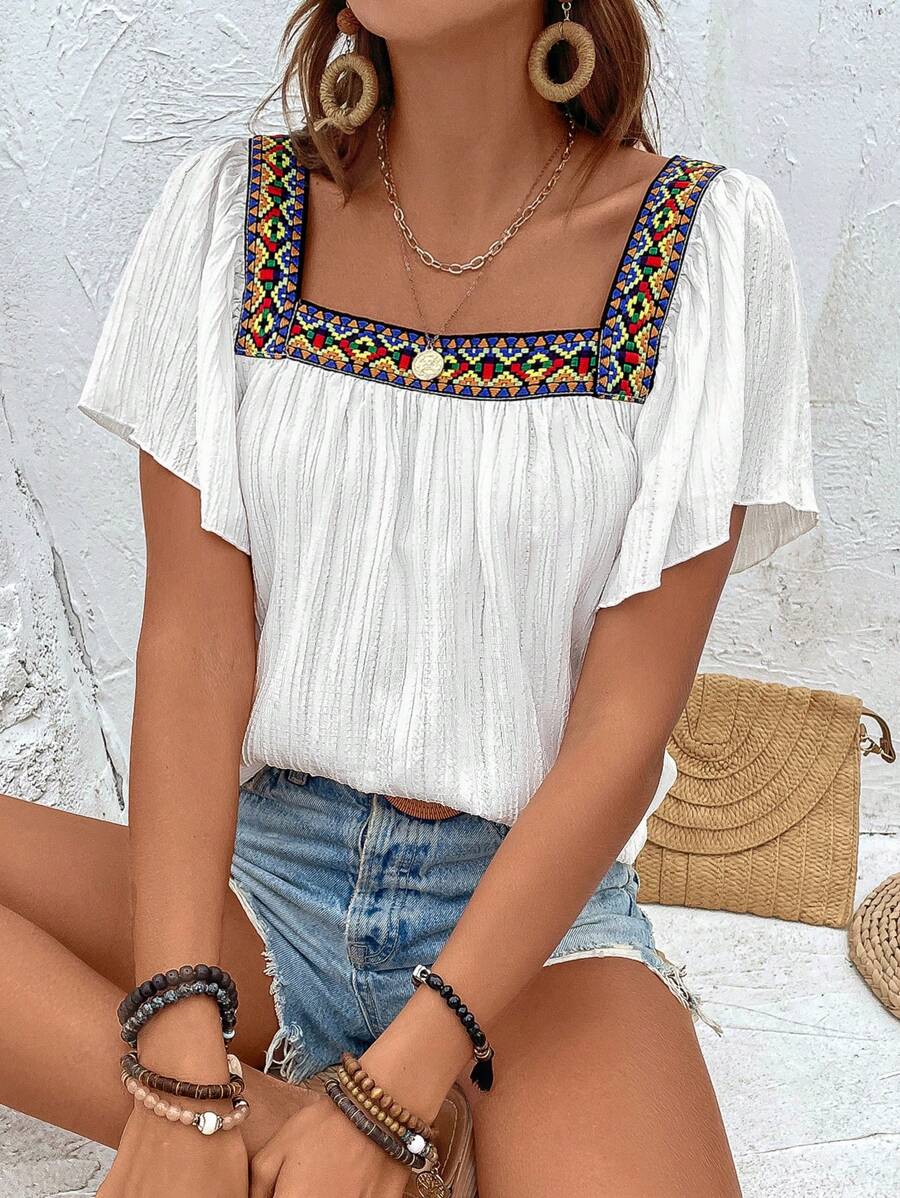 Breezaya Áo sơ mi nữ Thêu Ruy băng Hình học Giải trí - trắng - Xem 1