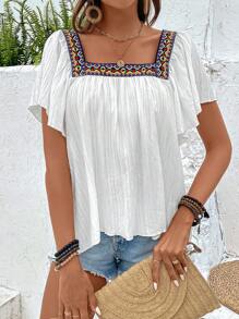 Breezaya Áo sơ mi nữ Thêu Ruy băng Hình học Giải trí - trắng - Xem 5