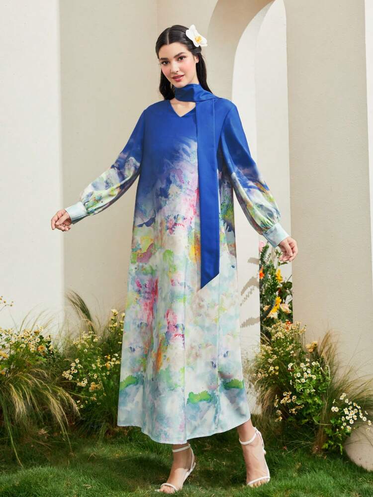 Allover Print Lantern Sleeve Dress With Scarf