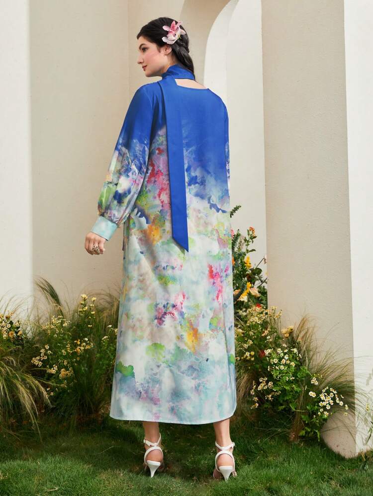 Allover Print Lantern Sleeve Dress With Scarf