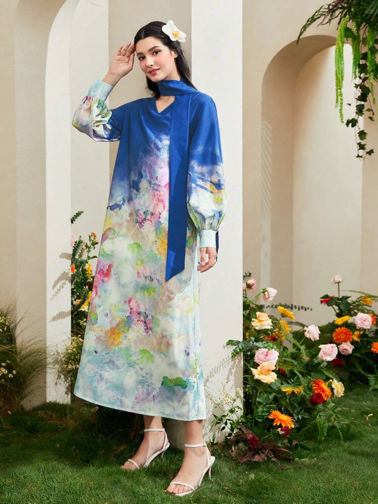 Allover Print Lantern Sleeve Dress With Scarf