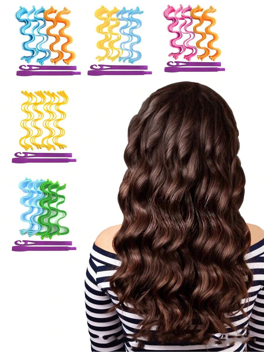 12Pcs Spiral Hair Curler Heatless Water Ripple Hair Curling Roller Diy Styling Tool Set - Blue - View 1