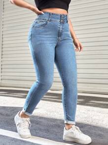 SHEIN ICON Plus High Waist Skinny Jeans - Light Wash - View 3