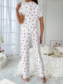 CottageSlumber Conjunto de pijama con estampado de cereza y encaje contrastante / Conjunto de pijama en blanco - Blanco - Ver 2