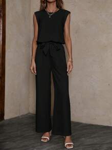SHEIN LUNE 素色背心上衣和闊腿褲 - 黑色 - 查看 3