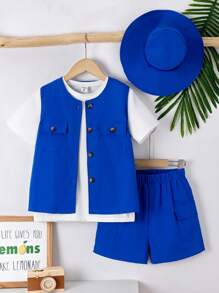 SHEIN Boys Flap Pocket Vest Jacket & Shorts & Tee - Blue and White - View 1
