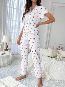 CottageSlumber Conjunto de pijama con estampado de cereza y encaje contrastante / Conjunto de pijama en blanco - Blanco - Ver 4