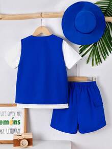 SHEIN Boys Flap Pocket Vest Jacket & Shorts & Tee - Blue and White - View 2