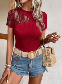 SHEIN Privé Áo thun nữ Tương phản ren Gân đan màu trơn Giải trí - Màu Đỏ Sâu - Xem 6