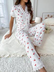 CottageSlumber Conjunto de pijama con estampado de cereza y encaje contrastante / Conjunto de pijama en blanco - Blanco - Ver 5