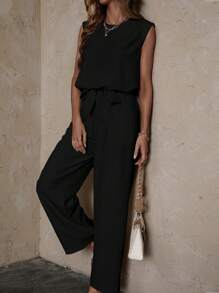 SHEIN LUNE 素色背心上衣和闊腿褲 - 黑色 - 查看 6