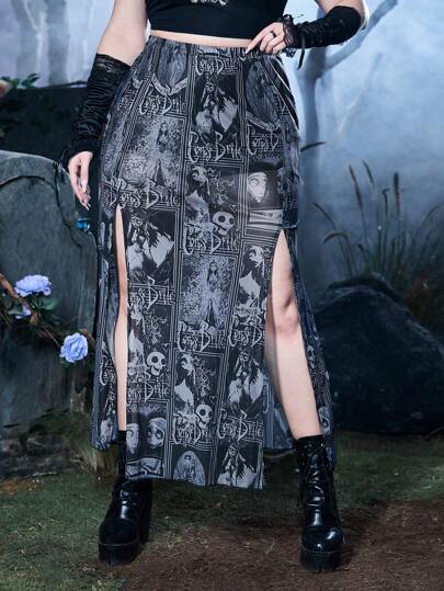 Corpse Bride | ROMWE Plus Figure Graphic Split Thigh Skirt