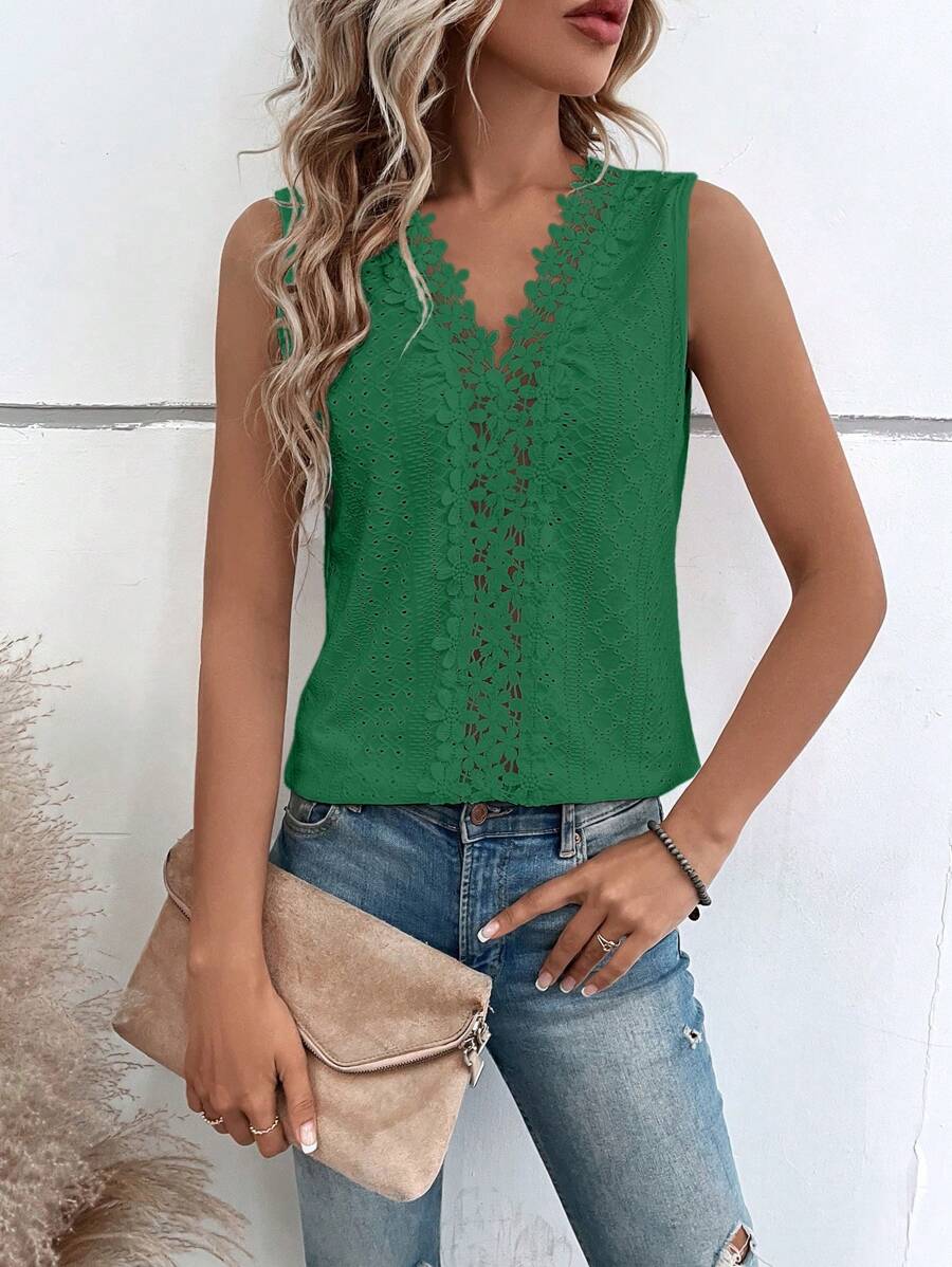 SHEIN LUNE Guipure Lace Panel Tank Top - Green - View 1