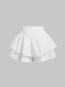 SHEIN MOD Quần đùi nữ phân lớp Dây kéo Tranh thêu màu trơn Giải trí - trắng - Xem 1