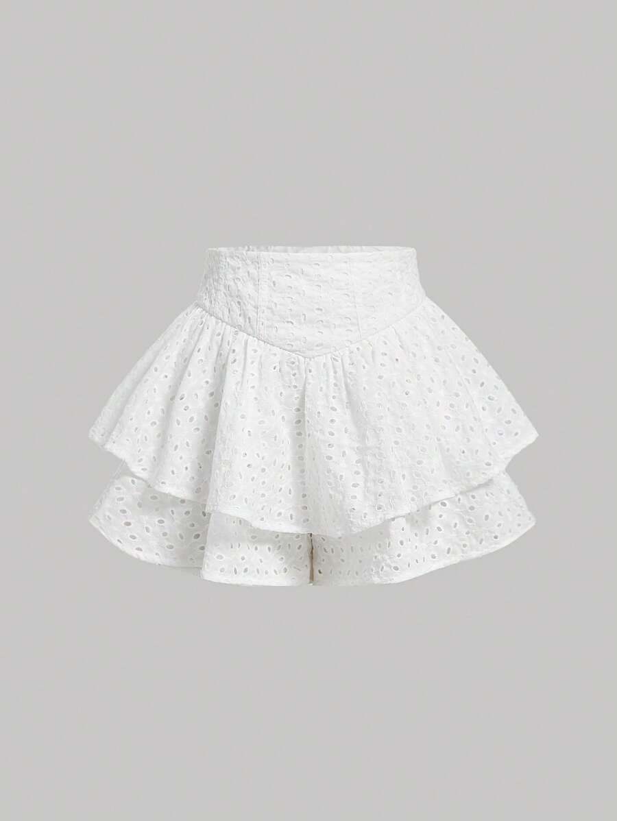 SHEIN MOD Quần đùi nữ phân lớp Dây kéo Tranh thêu màu trơn Giải trí - trắng - Xem 1