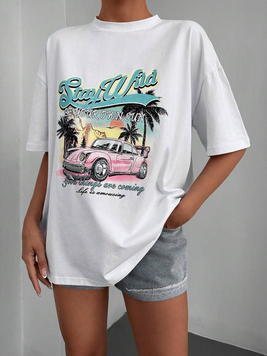 RueChic Car & Slogan Graphic Drop Shoulder Tee - White - View 1