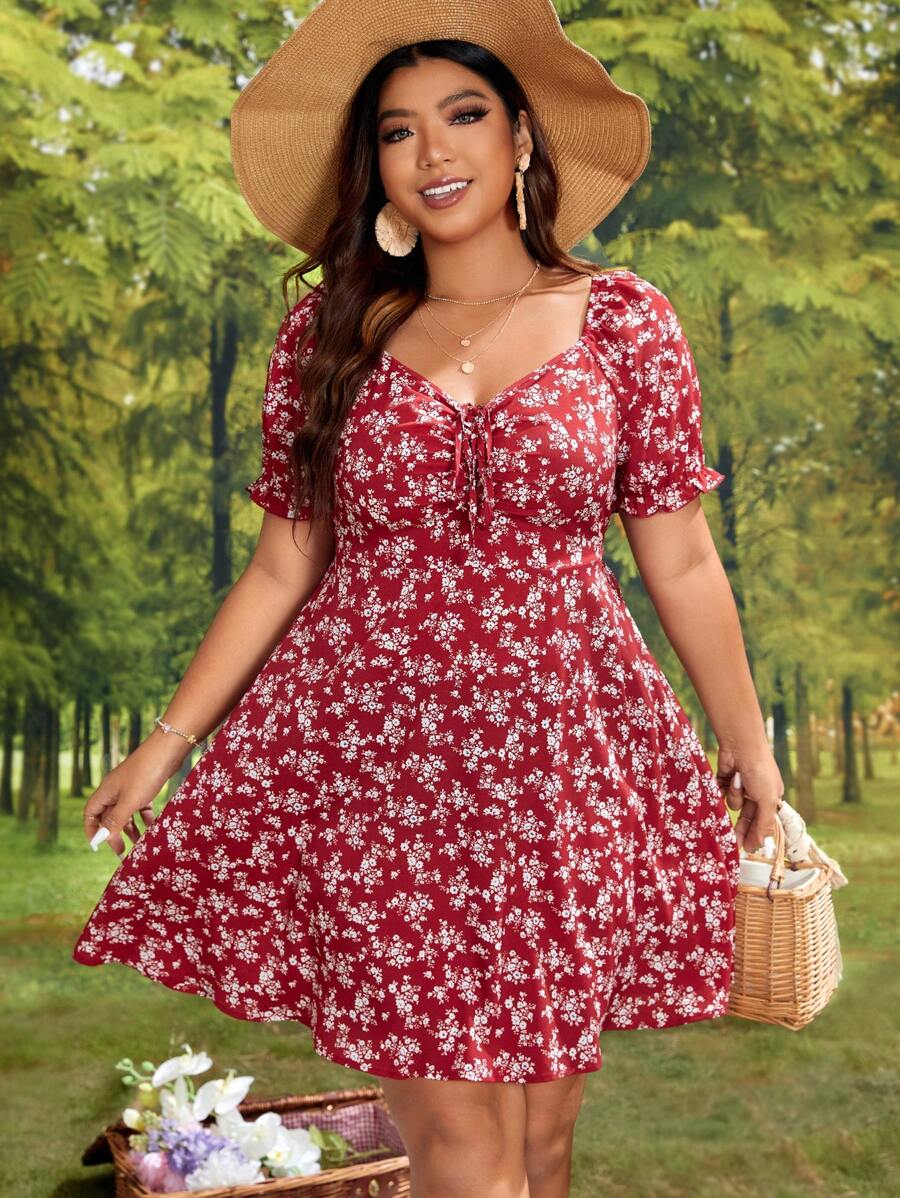 SHEIN VCAY 大碼碎花前打結連衣裙 - 紅色 - 查看 1