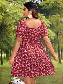 SHEIN VCAY 大碼碎花前打結連衣裙 - 紅色 - 查看 2