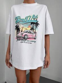 RueChic Car & Slogan Graphic Drop Shoulder Tee - White - View 5